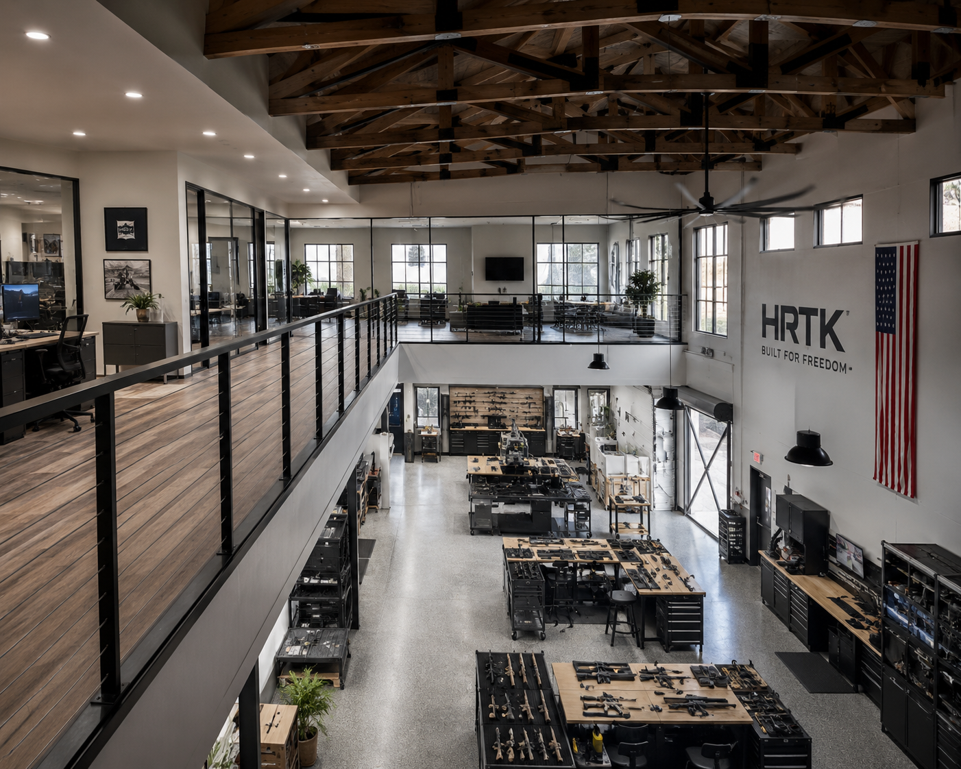 HRTK Firearms HQ interior workshop with mezzanine offices