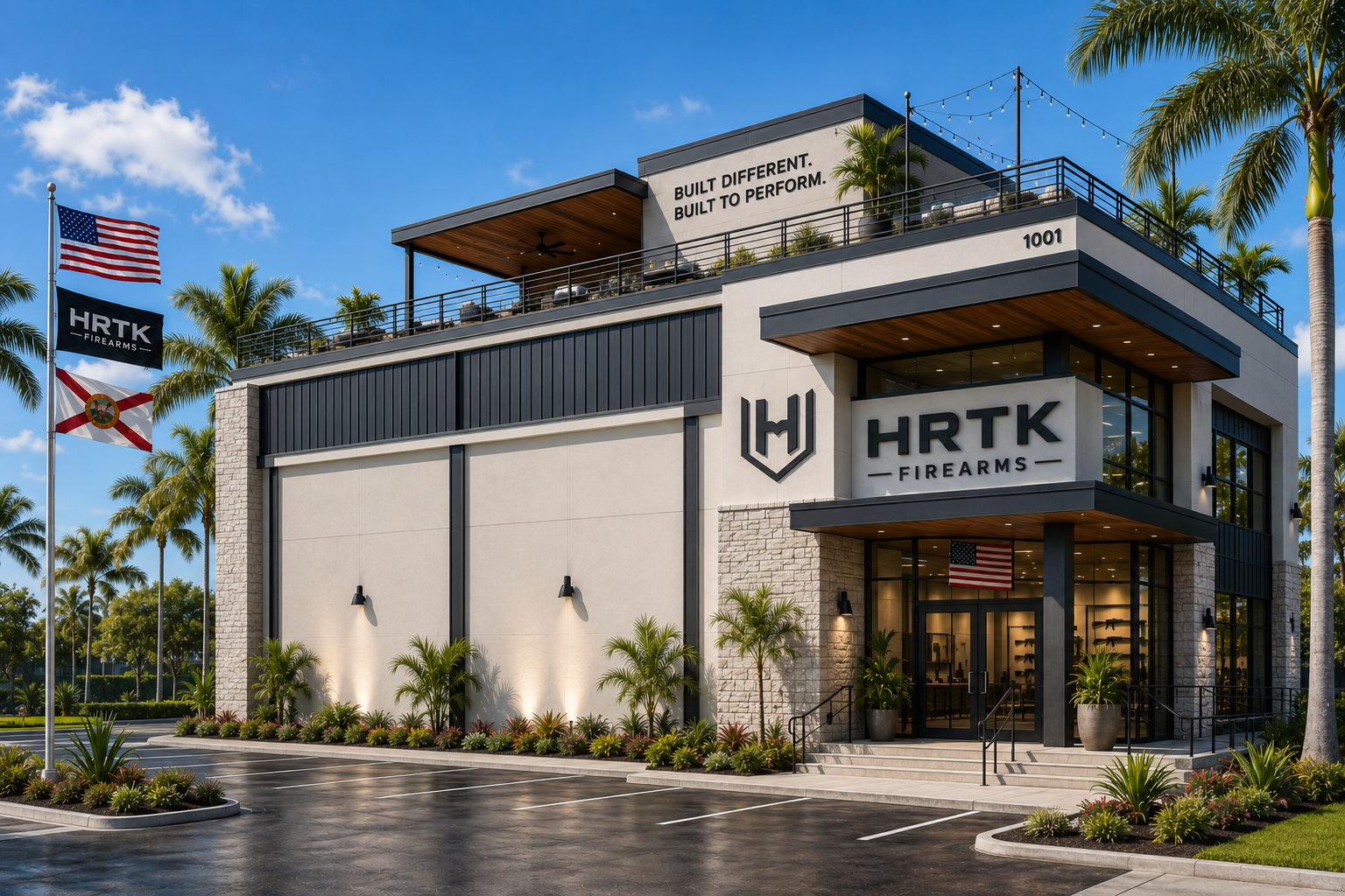 HRTK Firearms HQ side angle showing rooftop deck and entry sequence